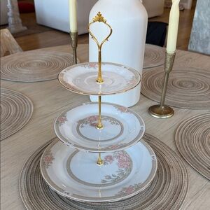 Crown Ming Fine China Susan Pattern Three-Tiered Serving Stand